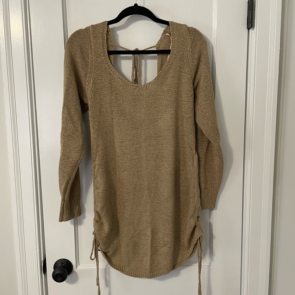 Tan long sleeve, gathered side sweater dress. Worn once.